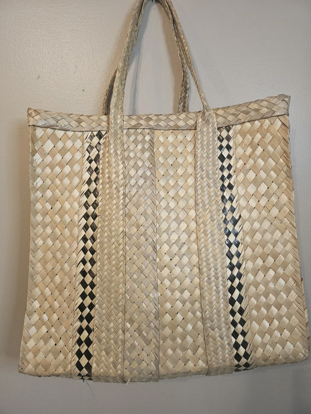 Woven Straw Tote Bag in Natural with Black Accent